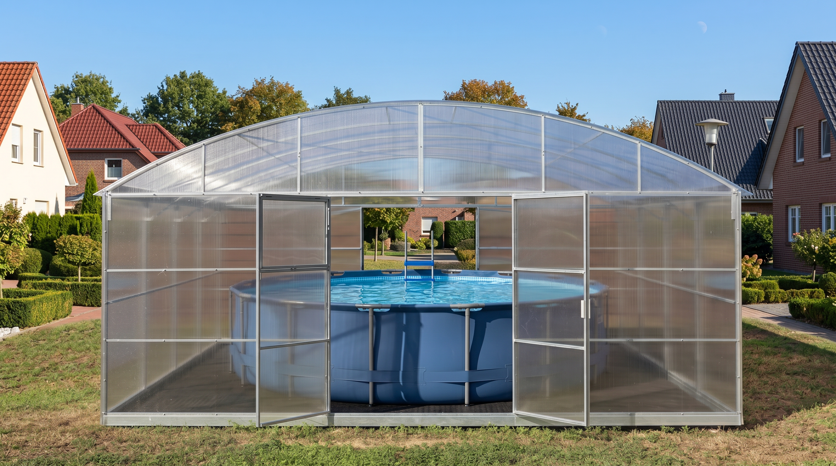 A large arched pool enclosure with transparent panels and a metal frame, enclosing an above-ground swimming pool in a backyard setting.