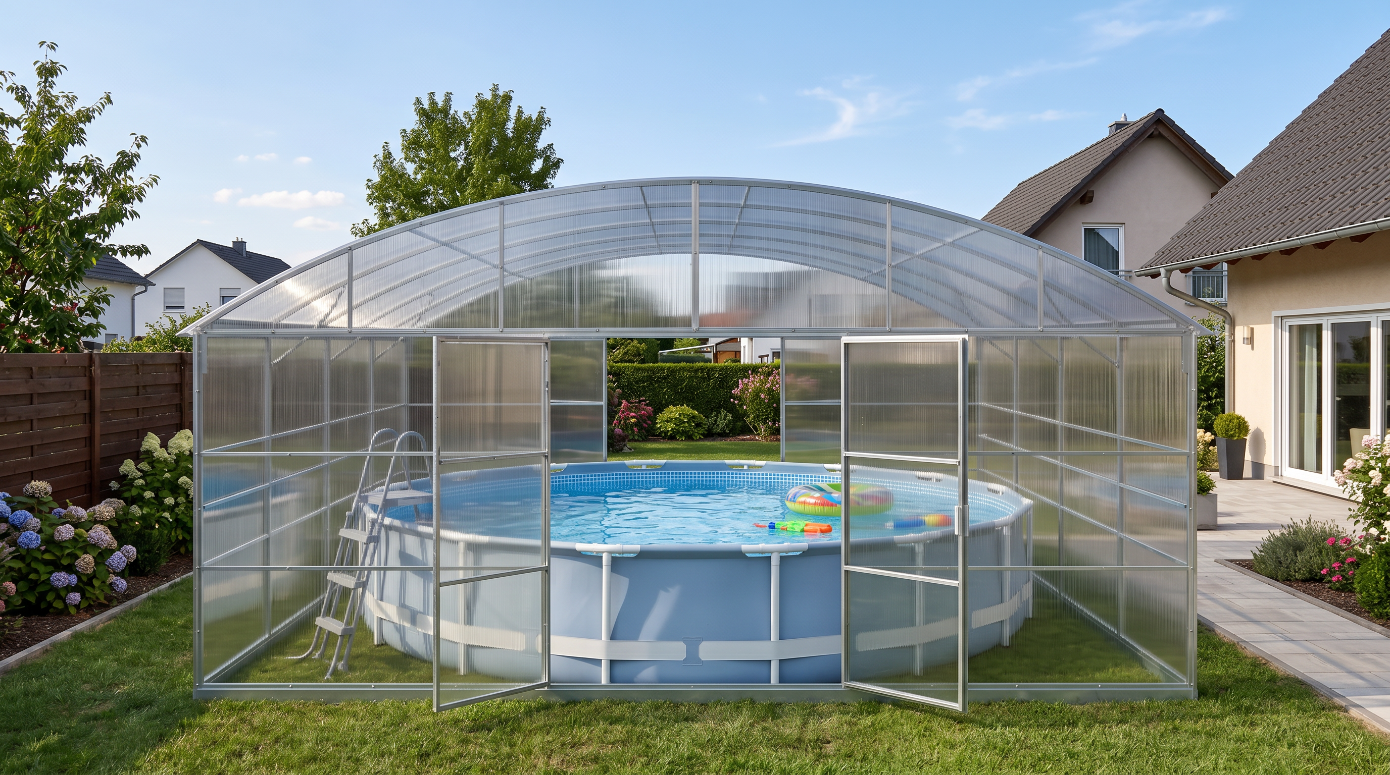 A large arched pool cover enclosure with transparent panels and a metal frame, shown enclosing an above-ground swimming pool in a backyard with grass, trees, and neighboring houses visible.