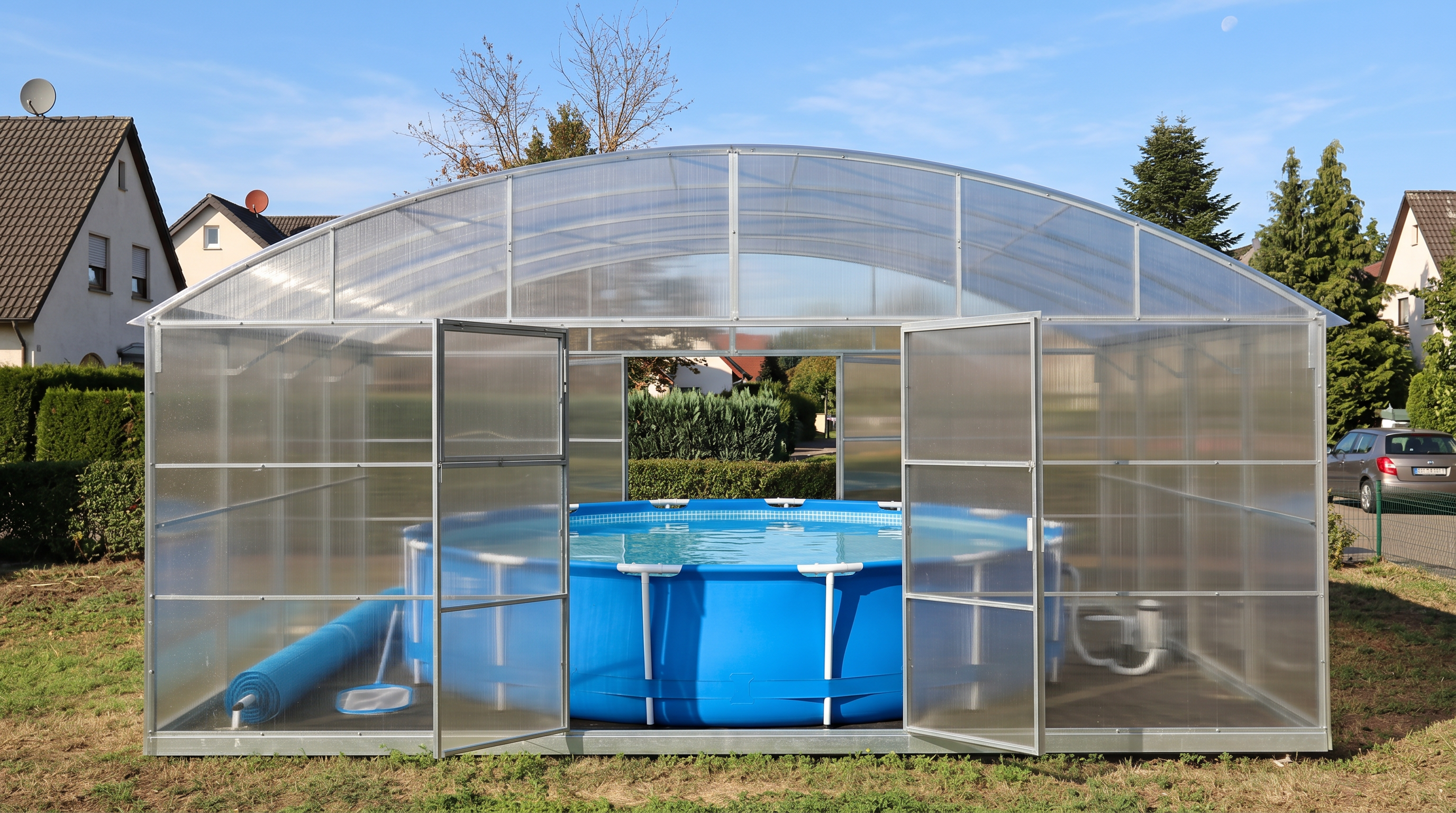 A clear arched pool enclosure with metal framing enclosing a blue above-ground swimming pool, set in a backyard with grass, shrubs, and houses in the background.