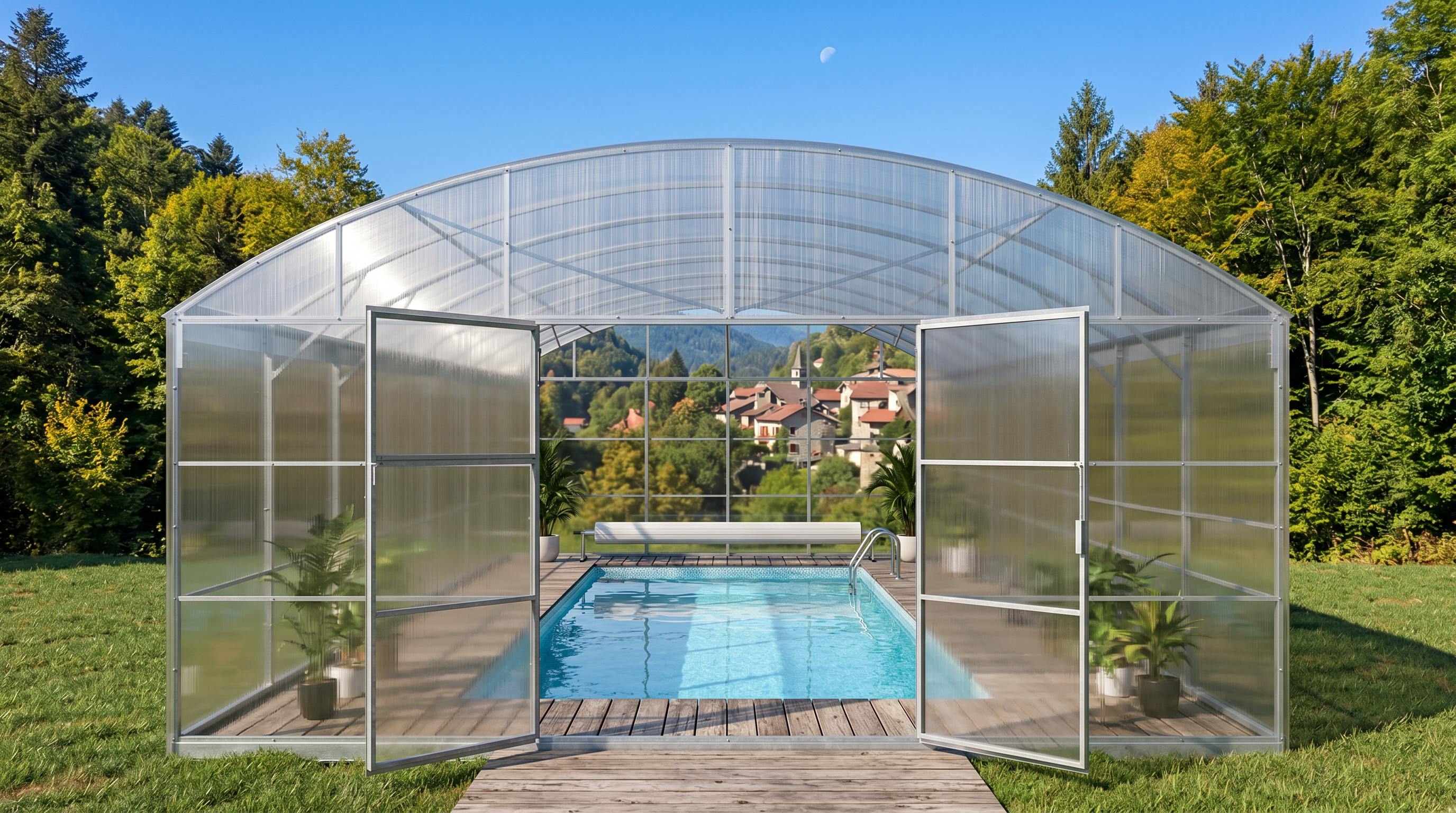 A large arched transparent pool enclosure with glass panels and open side doors, enclosing a rectangular swimming pool on a wooden deck, set in a grassy backyard with trees and a distant village under a blue sky.