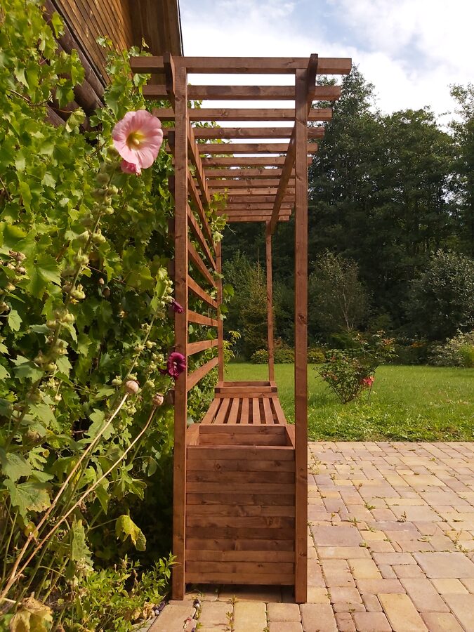 Banc de jardin avec pergolas en treillis banc d'angle pin - Ciel & terre